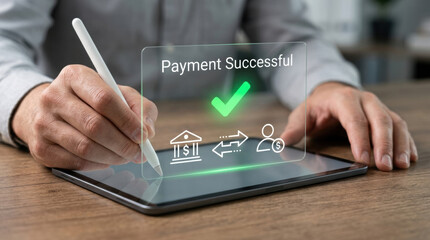 Payment successful digital transaction tablet stylus online banking business transfer, closeup hand signing on touchscreen, secure cashless finance approval interface in office