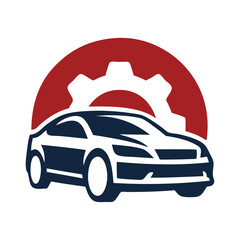 Logo taller mecánico. Dibujo con líneas de coche deportivo con engranaje en círculo  © teracreonte