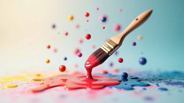 Pincel rodeado de vibrantes gotas de pintura flotantes