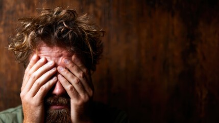 Fototapeta premium A man appears visibly distressed, covering his face with hands amidst a textured wooden background that emphasizes feelings of anxiety and despair, capturing deep human emotion.