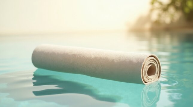 Esterilla de yoga enrollada que flota suavemente sobre el agua