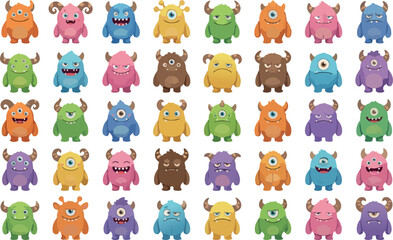Obraz premium Monster Variety: A vibrant array of diverse, cartoonish monsters, each with unique features, presenting a spectrum of emotions and personalities.