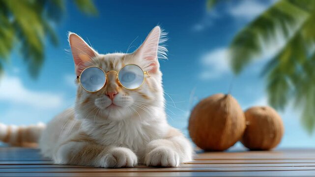 A Cool Summer Cat Relaxing in Sunglasses by Palm Trees with Natural Background and Coco Nuts Depicting a Photorealistic Pet Scene