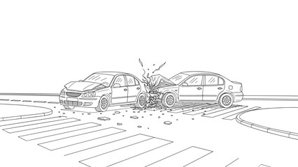 Fototapeta premium Linear car accident scene with two colliding vehicles on crosswalk