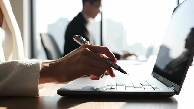 Person using laptop and pen on desk in office setting