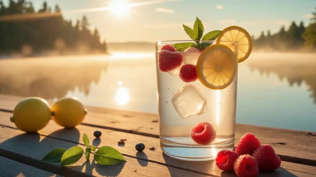 Summer Citrus Drink &ndash; Lemon and Raspberry Mocktail with Scenic Lake Sunrise for Beverage Commercials and Lifestyle Content