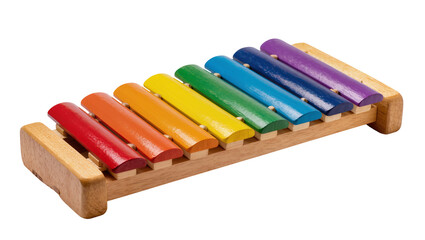 Obraz premium Isolated toy xylophone with rainbow colored metal bars on a wooden frame. No background.