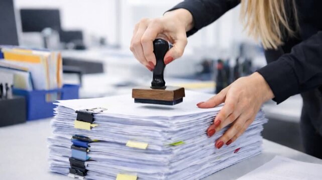 Businesswoman stamping official documents paperwork in office.

