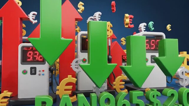 Isometric gasoline station icon set showcasing fluctuating fuel price indicator with rising and falling economic trend arrow and global currency symbol for financial energy market analysis.