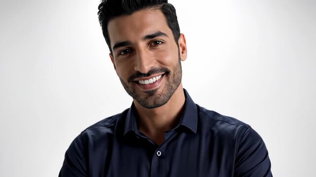 Smiling young man in dark blue shirt isolated on white background