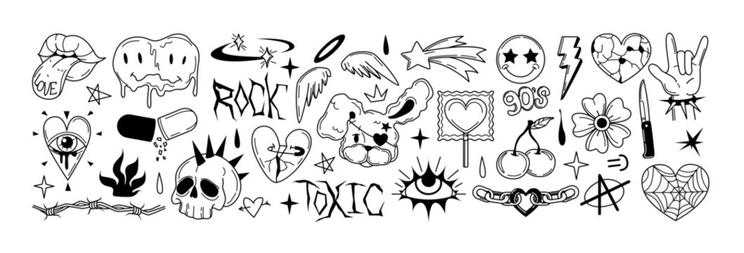 Spray paint graffiti tattoo set. Street art gothic punk skull head, inky hearts, angel wings, happy smile, mouth with tongue, lollipop, melting face emoji. Grunge y2k emo goth sticker, rock hand sign