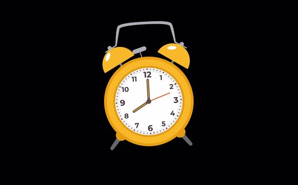 A yellow alarm clock rings in a loop, jumping. Alpha channel. The concept of being late, missing deadlines, waking up