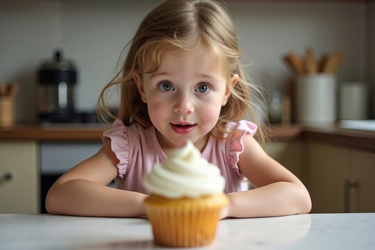 Young Girl Demonstrates Impressive Self-Control as She Eyes Cupcake on Kitchen Counter