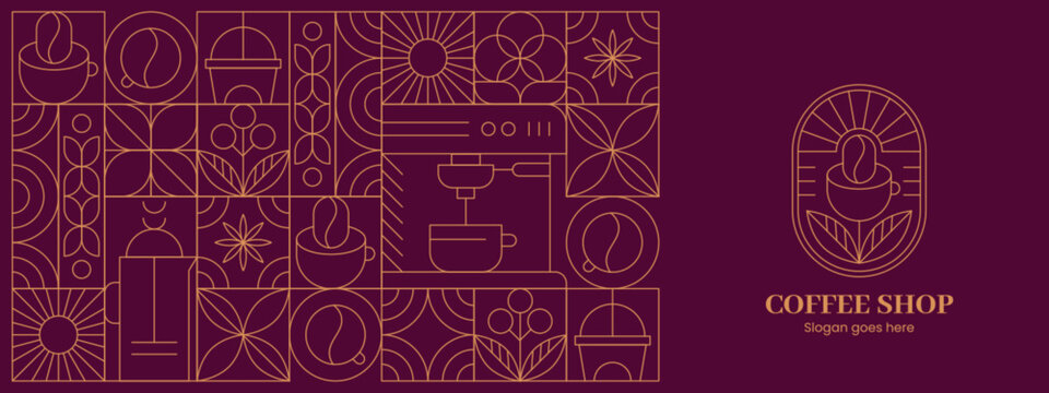 Abstract geometric coffee pattern in minimalist style. Seamless background with hand drawn line art beans, drink cups, hot tea pot, plant leaves, bauhaus outline elements for cafe menu. Logo concept