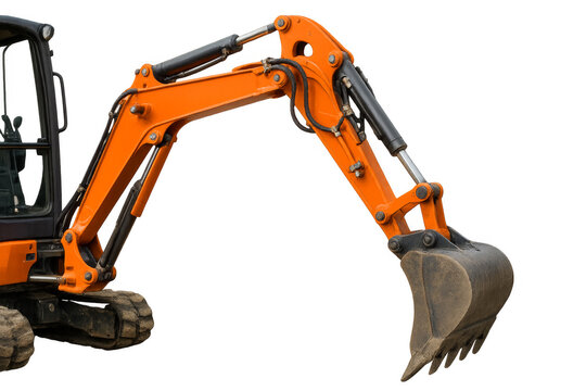 Orange mini excavator digging machine on transparent background