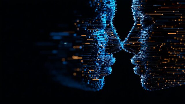 Abstract Representation of Human and AI Interconnection in Digital Space with Dynamic Patterns and Light Effects