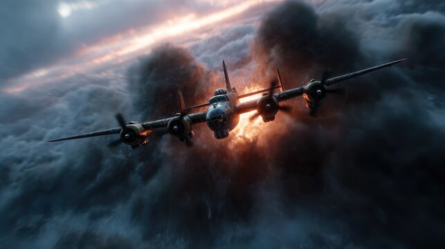 This image features a vintage bomber aircraft soaring through turbulent skies, surrounded by dark storm clouds and fiery explosions, depicting an intense aerial battle scene.