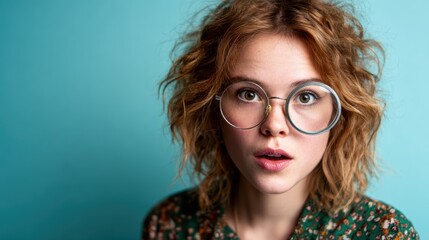 Obraz premium An expressive portrait of a young woman with curly hair, oversized glasses, and a playful look, evoking surprise and delight against a colorful background.