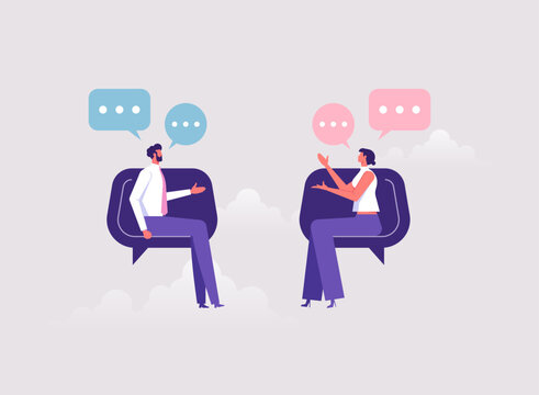 Business discussion concept, people talking to each other with bubbles over their heads