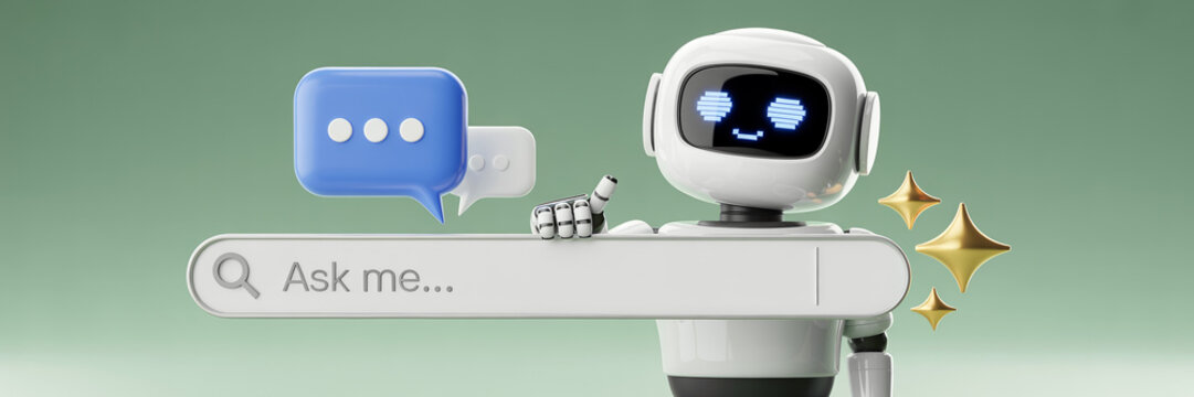 Robot with glowing blue eyes holds search bar with 'ask me' and blue speech bubble on green gradient background with gold stars