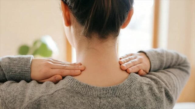 Woman rubbing her tired neck to relieve muscle pain. Young adult massaging shoulders for stress relief and physical comfort. Healthcare and self-care routine concept.