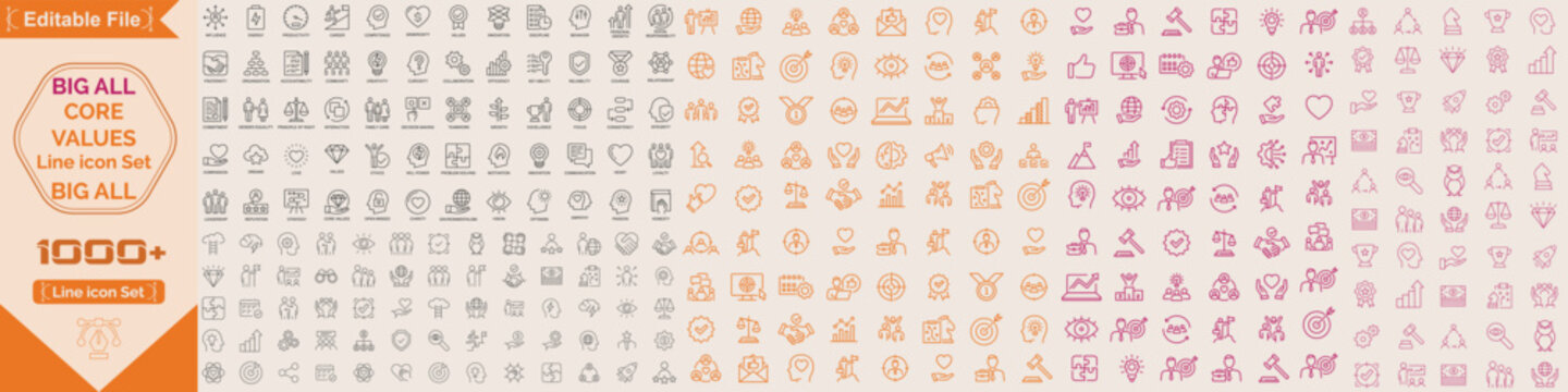 Core values Big line icons. core values, innovation, quality, responsibility, teamwork, reliability, focus, honesty icon. Vector
