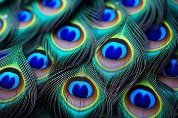 Obraz premium Peacock feathers displaying vibrant iridescent colors and intricate natural patterns
