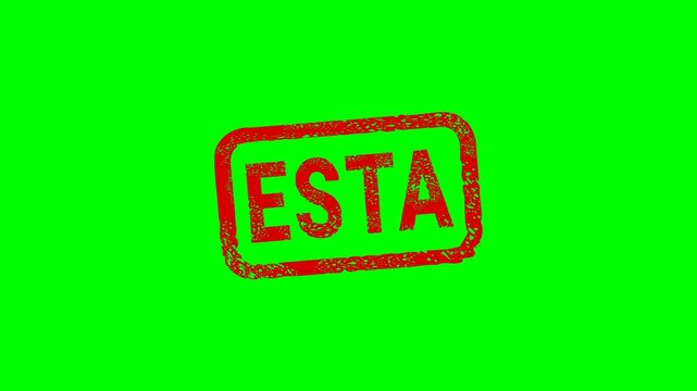 Official US travel authorization ESTA document approval symbol. Red rubber stamp effect for immigration and tourism concept. Chroma key green screen with alpha channel.
