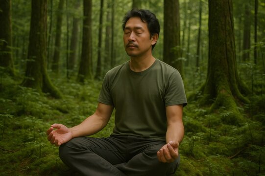 Adult male in active meditation sitting on mossy forest ground, embracing nature and experiencing mindfulness for calm, peace, and spiritual well being