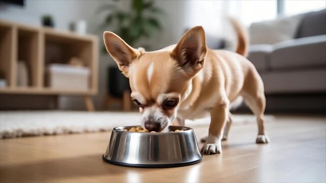 Small chihuahua dog eating dry food from metal bowl. Hungry domestic animal consuming kibble in cozy wooden living room interior. Pet care feeding sequence.