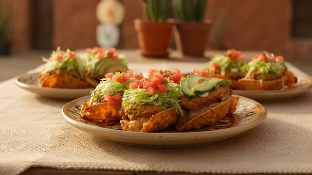 Delicious Crispy Mexican Tostadas Topped with Avocado and Tomato on a Rustic Table