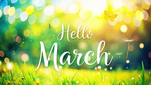 Hello march lettering on fresh spring meadow with green grass and small flowers on foreground, soft bokeh sunlight background and butterfly. Concept of seasonal renewal and spring greeting atmosphere