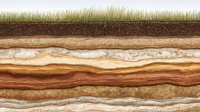 Soil profile layers with grassy surface and deep underground strata