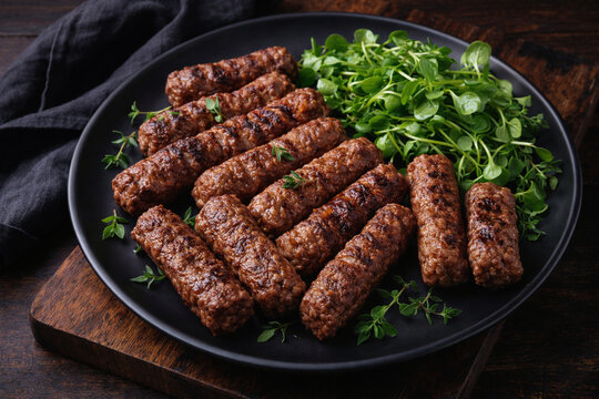 Traditional South European Skinless Sausages Cevapcici on Black Plate with Thyme and Watercress Salad