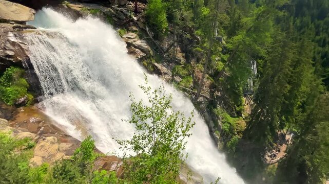 Stuibenfall waterfall bigest waterfall in Tirol in the Otztal valley in Tyrol Austria during a beautiful springtime day in the Alps. Vertical video.