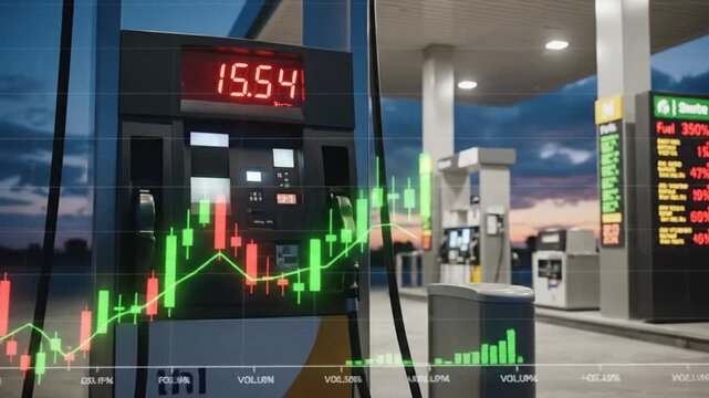 Global financial crisis concept featuring a gasoline fueling station overlay with a rising stock market graph showing oil price growth and economic fluctuation in 4K resolution visual.