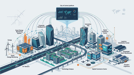 Naklejka premium Smart City Business Infrastructure with IoT Sensors, Digital Commerce Systems and Intelligent Urban Transport Network – Vector Illustration