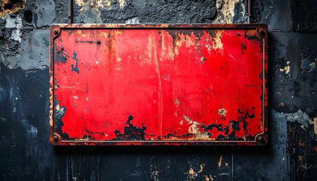 Old empty red metal sign mounted on dark cement wall, distressed paint and weathered texture,