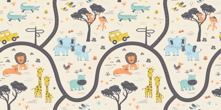 Safari Road Map Seamless Vector Pattern