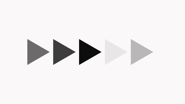 Horizontal row of five triangle icons with grayscale gradient on white background, minimal navigation symbols showing forward direction and progress, clean abstract interface animation.