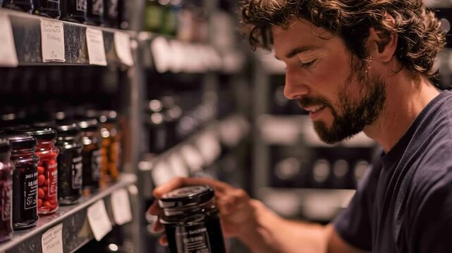 Man Checking Labeled Fermentation Jars in Home Fermenting Station