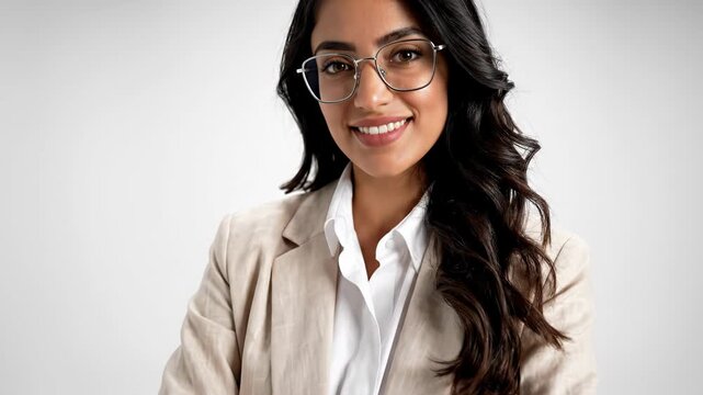 Confident young woman with arms crossed and smiling isolated on white background wearing glasses and a beige blazer