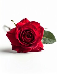 Rosa roja fresca en plena floraci&oacute;n sobre fondo blanco neutro con iluminaci&oacute;n de estudio. Imagen elegante y minimalista que simboliza amor, romance y belleza natural.