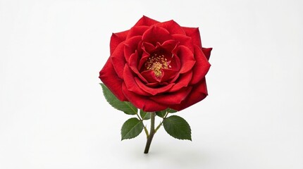 Fototapeta premium Rosa roja fresca en plena floración sobre fondo blanco neutro con iluminación de estudio. Imagen elegante y minimalista que simboliza amor, romance y belleza natural.