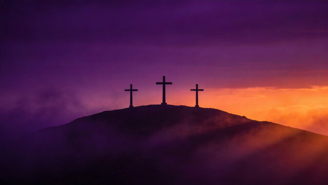 Three crosses on top of a hill at sunset with purple and orange clouds