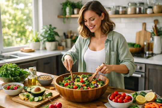 Young woman preparing a fresh salad in a modern kitchen