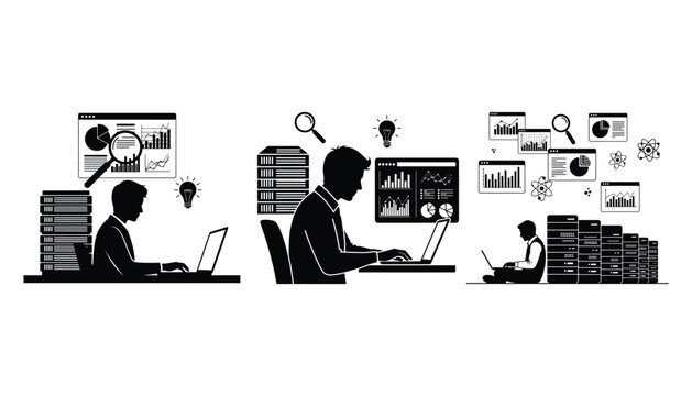 Data Scientist Silhouette Working on Laptop with Charts