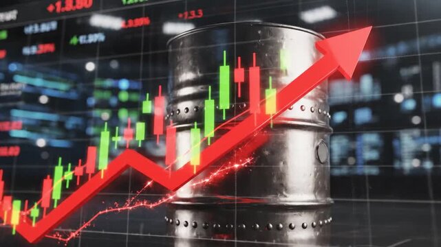 Metallic crude oil barrel with rising red arrow on financial stock market trading chart indicating soaring petroleum prices energy fuel cost inflation and global economic growth in 4K resolution