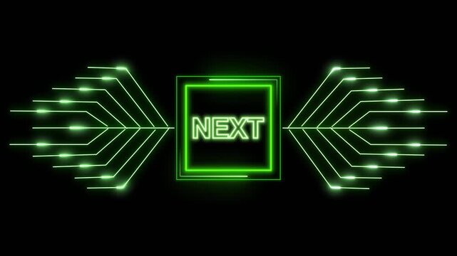 Neon green next button with symmetrical circuit board design on black background, digital navigation interface with glowing action symbol, futuristic technology animation.