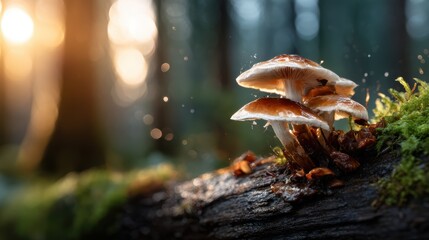 Fototapeta premium Delicate mushrooms thrive on a mossy log in a serene forest setting, bathed in soft sunlight, illustrating the tranquility and beauty of nature's ecosystem and life cycles.